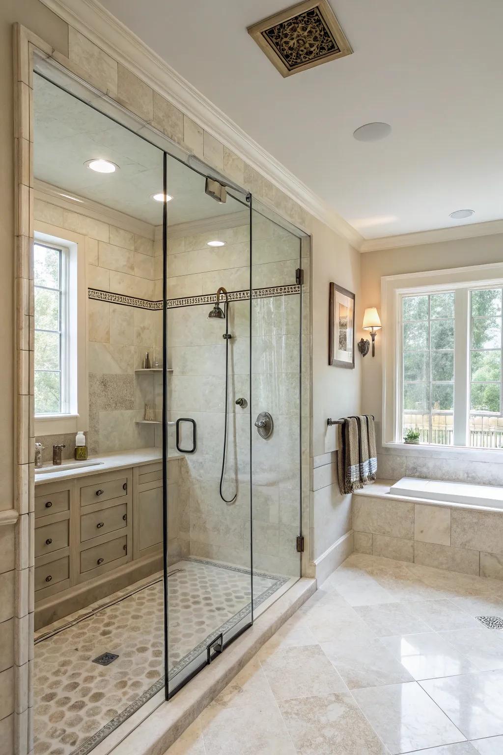 Neutral tones create a serene and timeless atmosphere in this walk-in shower.