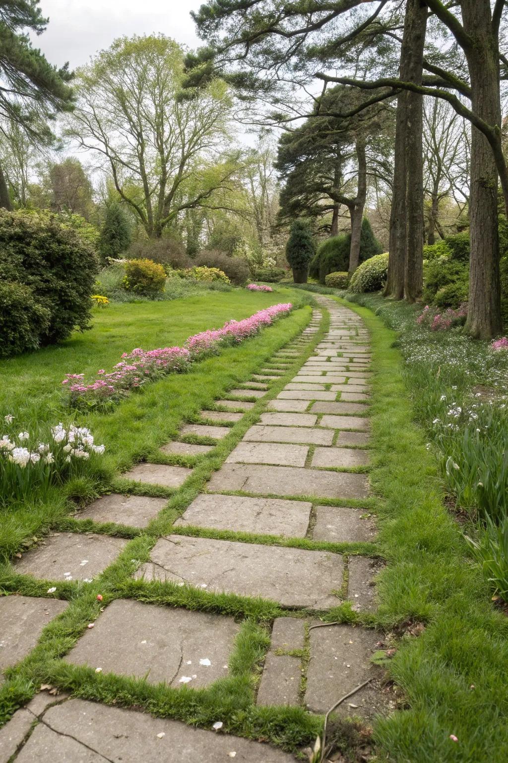 Turf flagstones inject a verdant nuance, intermingling walkway with lawn.