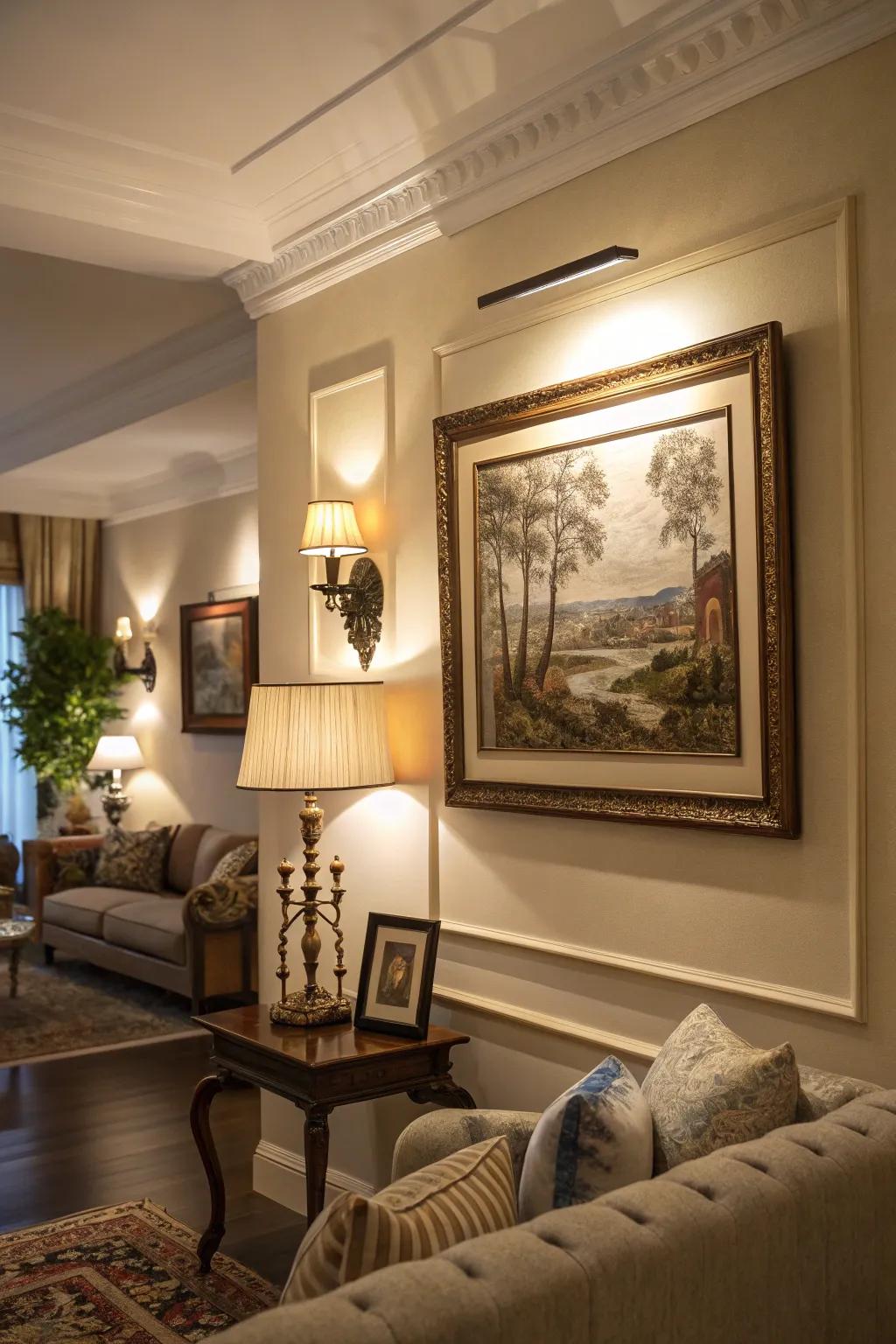 A living room with an image light shining on wall art.