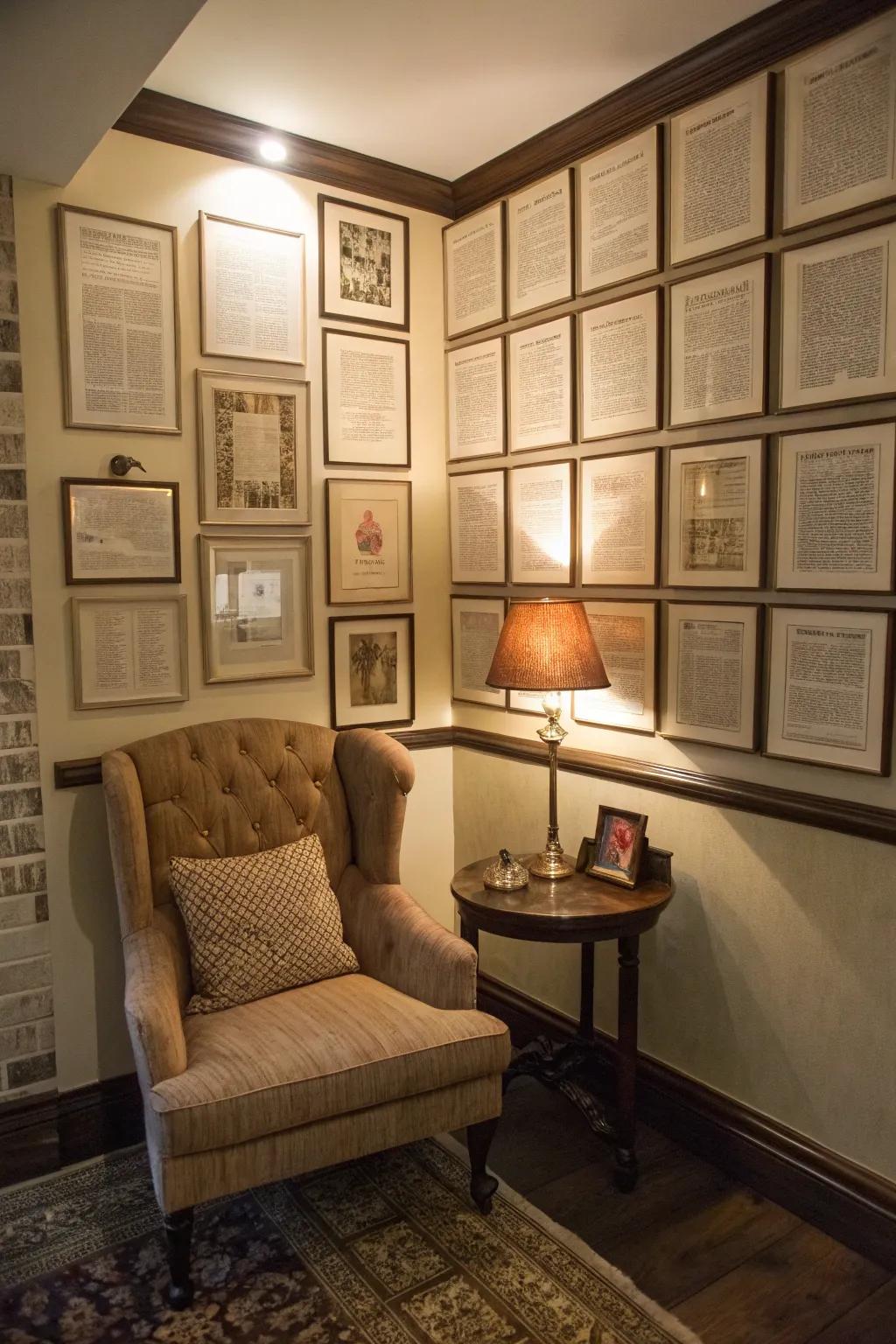 Framed book excerpts contribute literary appeal to your decor.