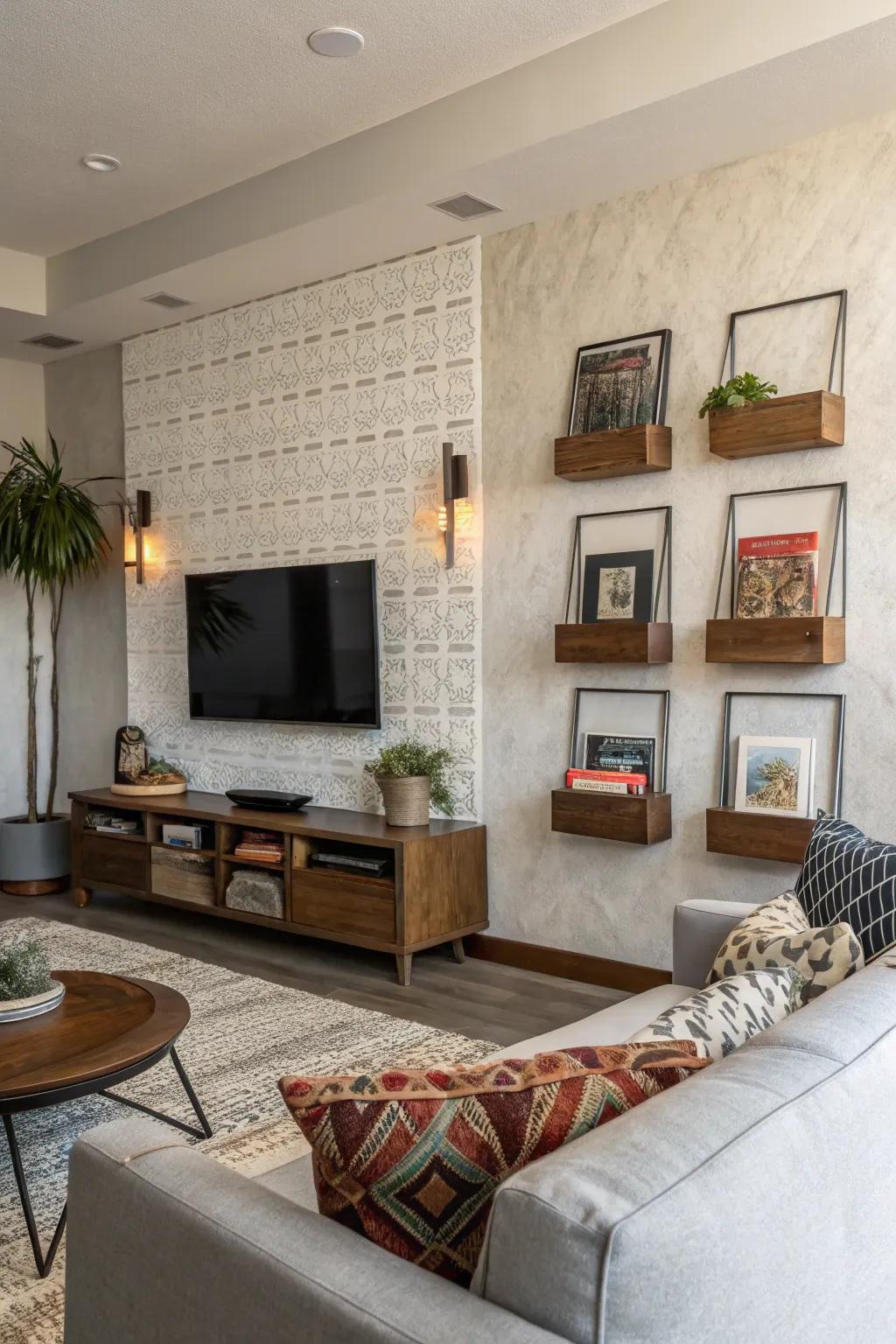 Structured wall hangers add a layer of depth and interest.