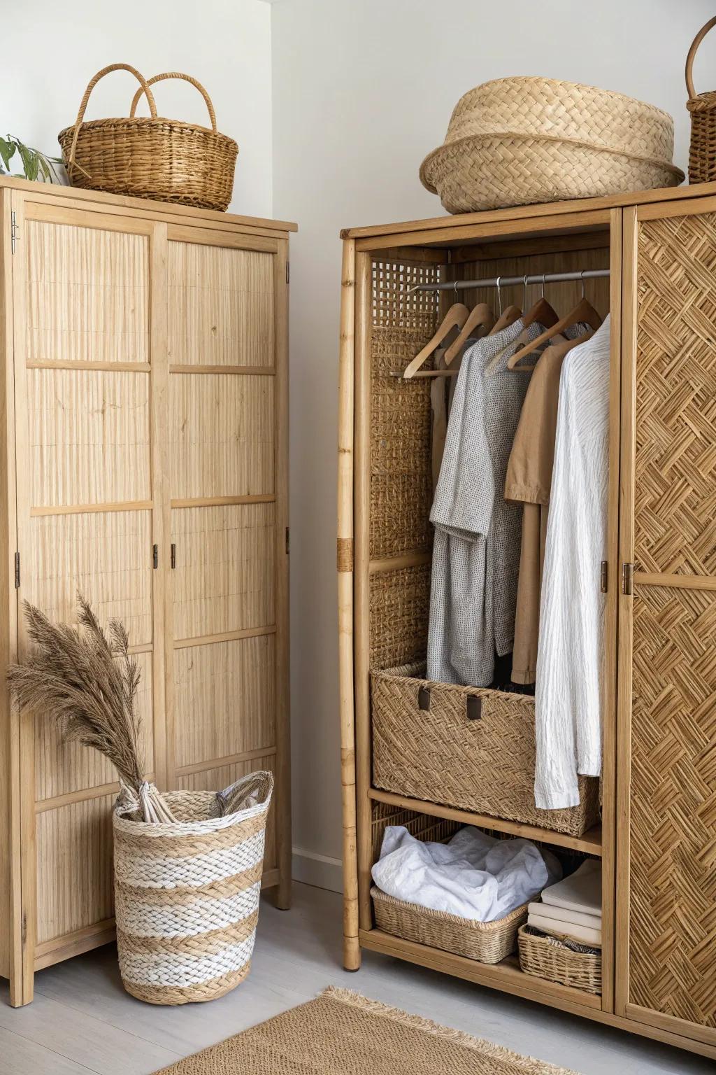 Natural components introducing warmth to the closet.