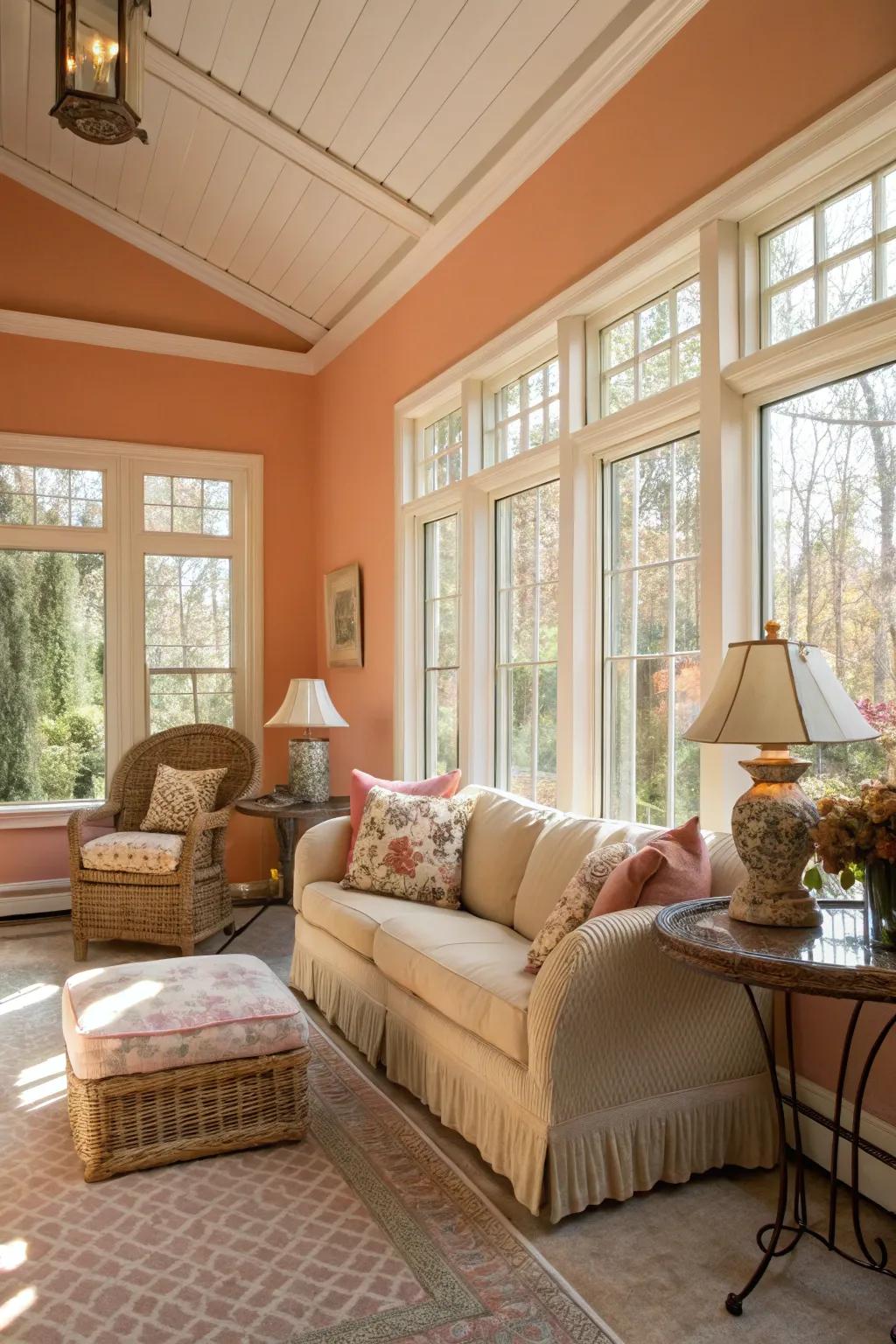 Sunroom with gentle sunset walls, providing subtle warmth and comfort.