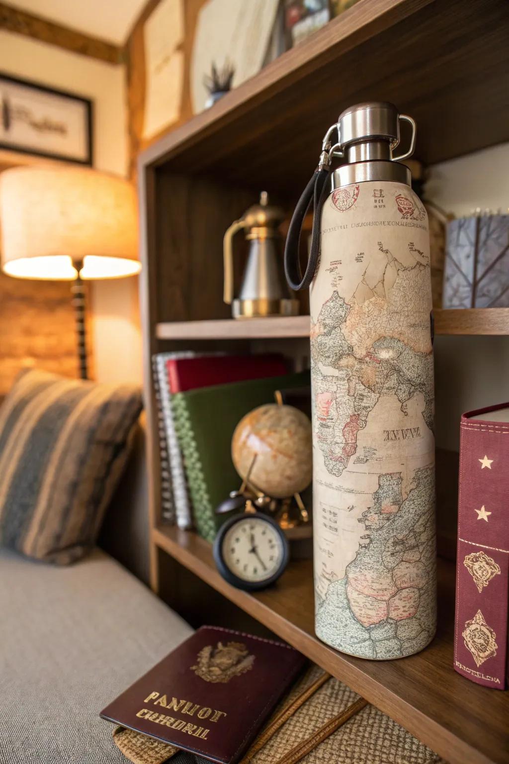 A beverage container sheathed in classic area chart parchment for a journeying atmosphere.