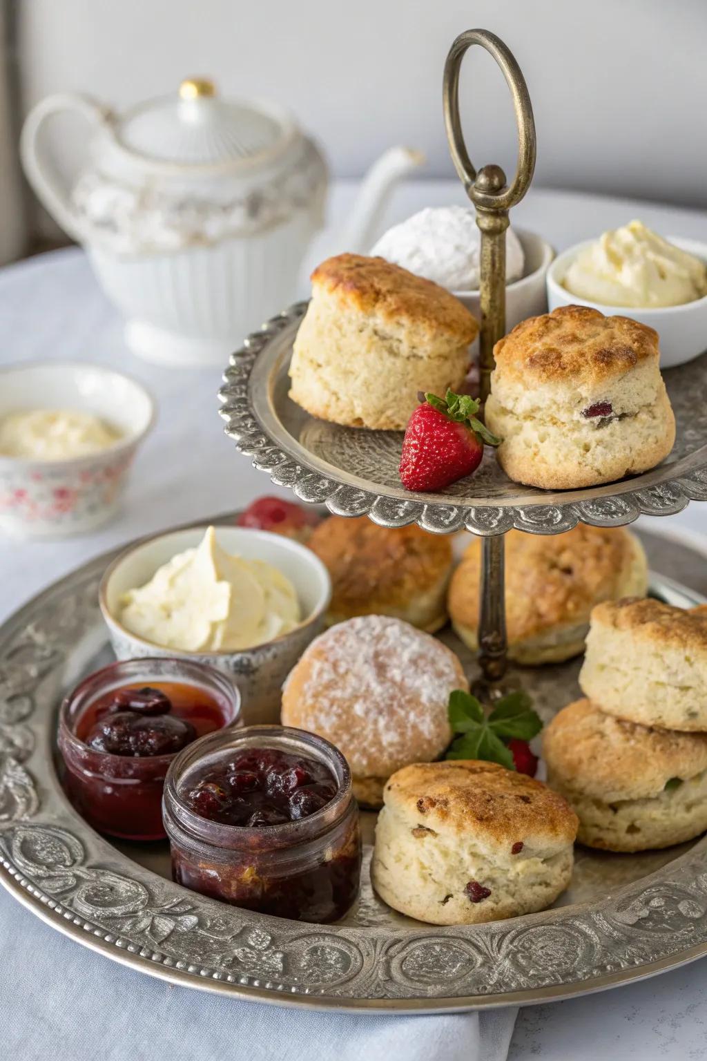 A selection of bread rolls accompanied by various jams and whipped cream for a comforting touch.