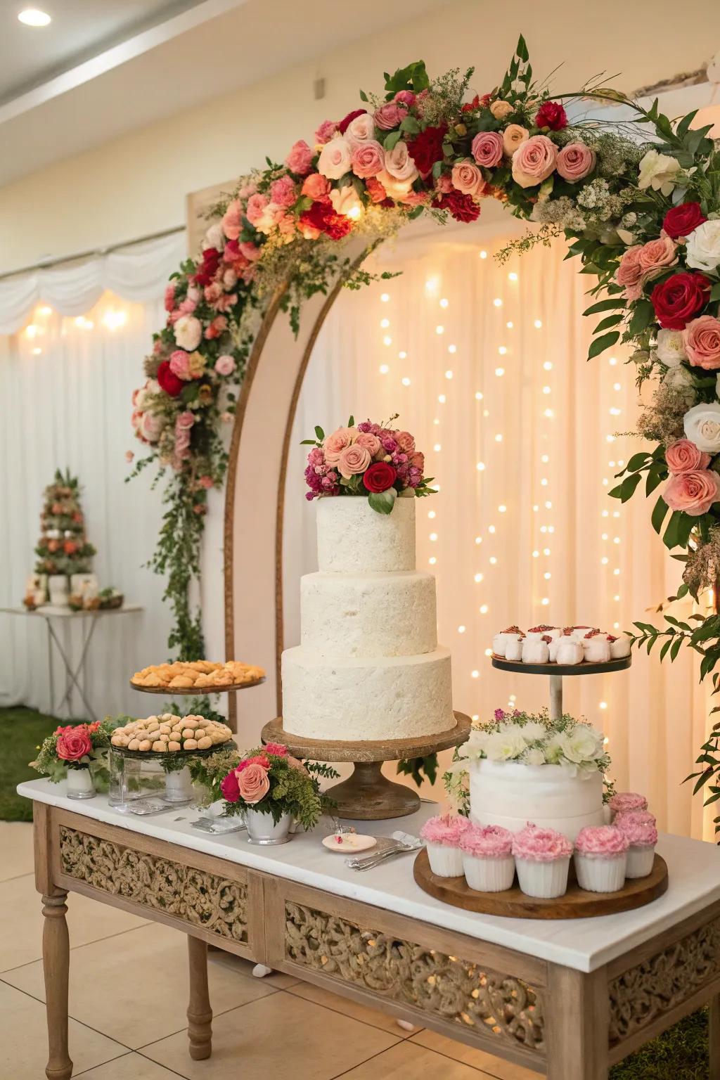 A themed backdrop beautifully framing the wedding cake display.