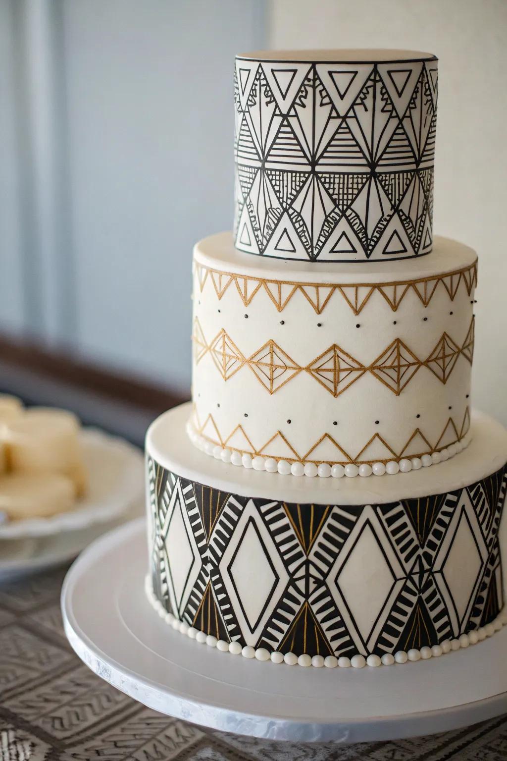 A wedding cake featuring geometric patterns for a modern spin.