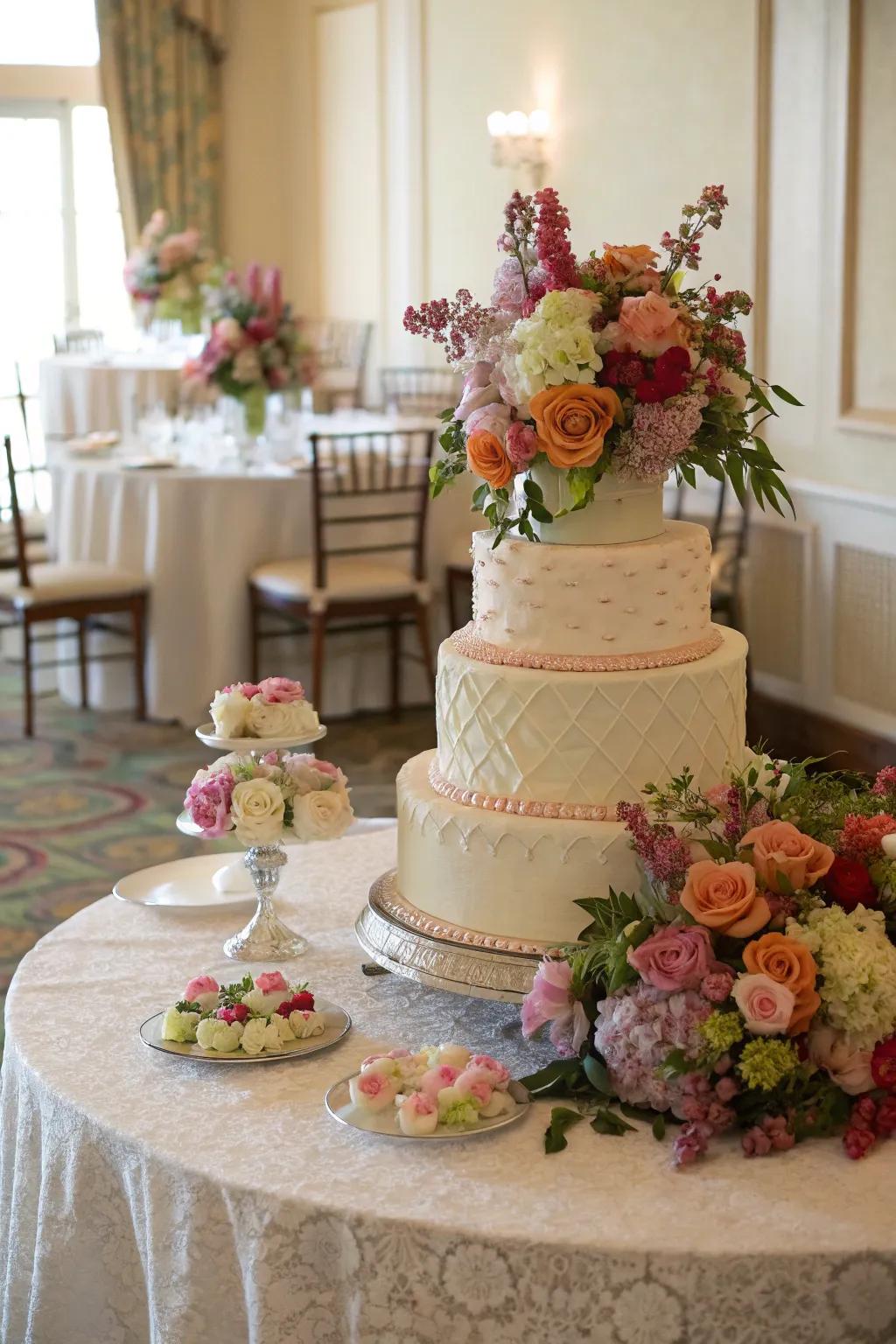 A wedding cake table adorned with whimsical floral arrangements.