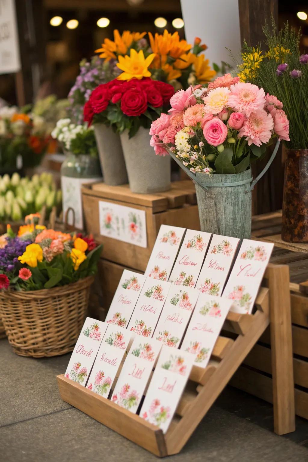 A distinctive escort symbol display at a wedding, featuring a charming flower market theme.