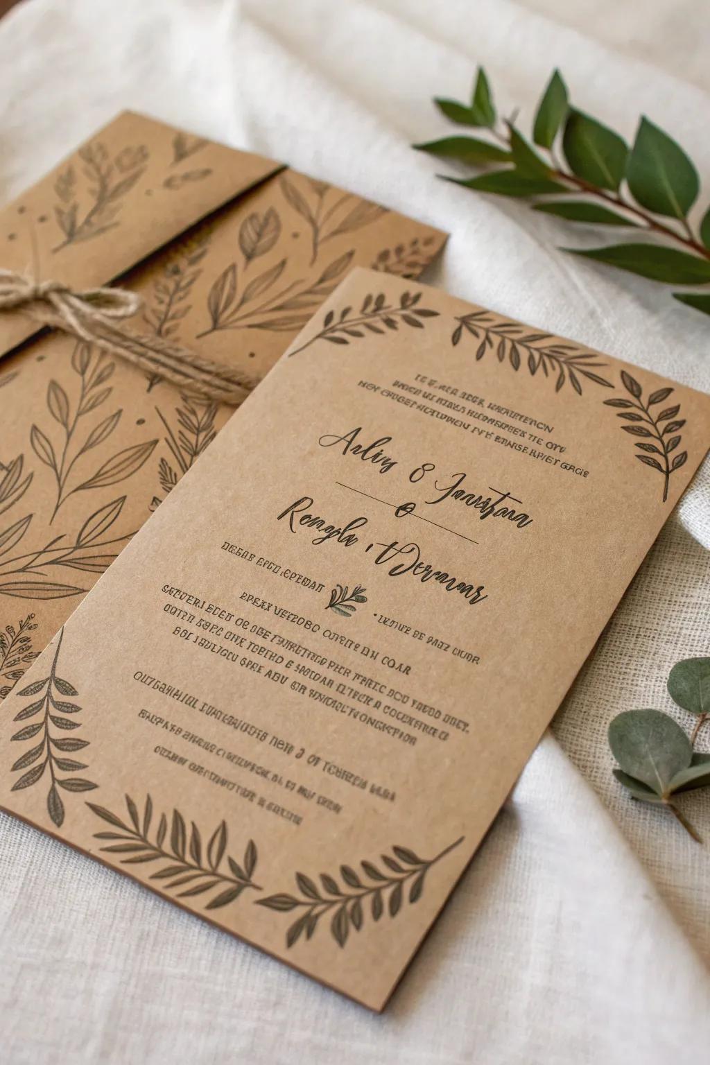 Homespun announcement on recycled fawn paper with leaf features.