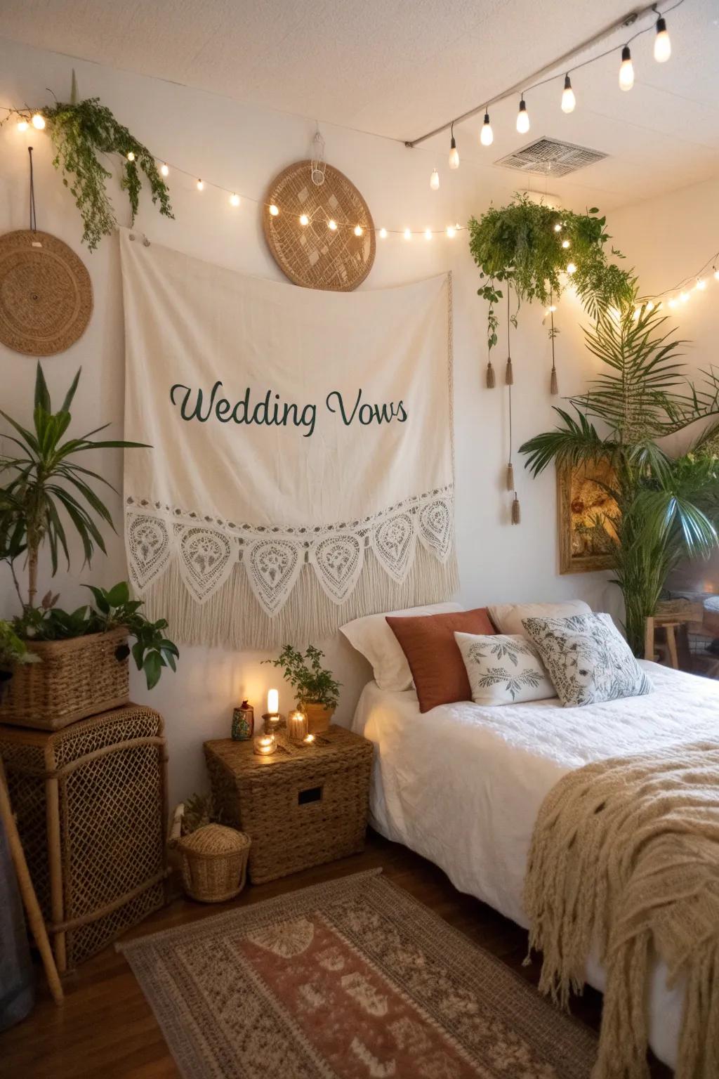 Bohemian hanging of vows establishing an impressive guest quarters statement.