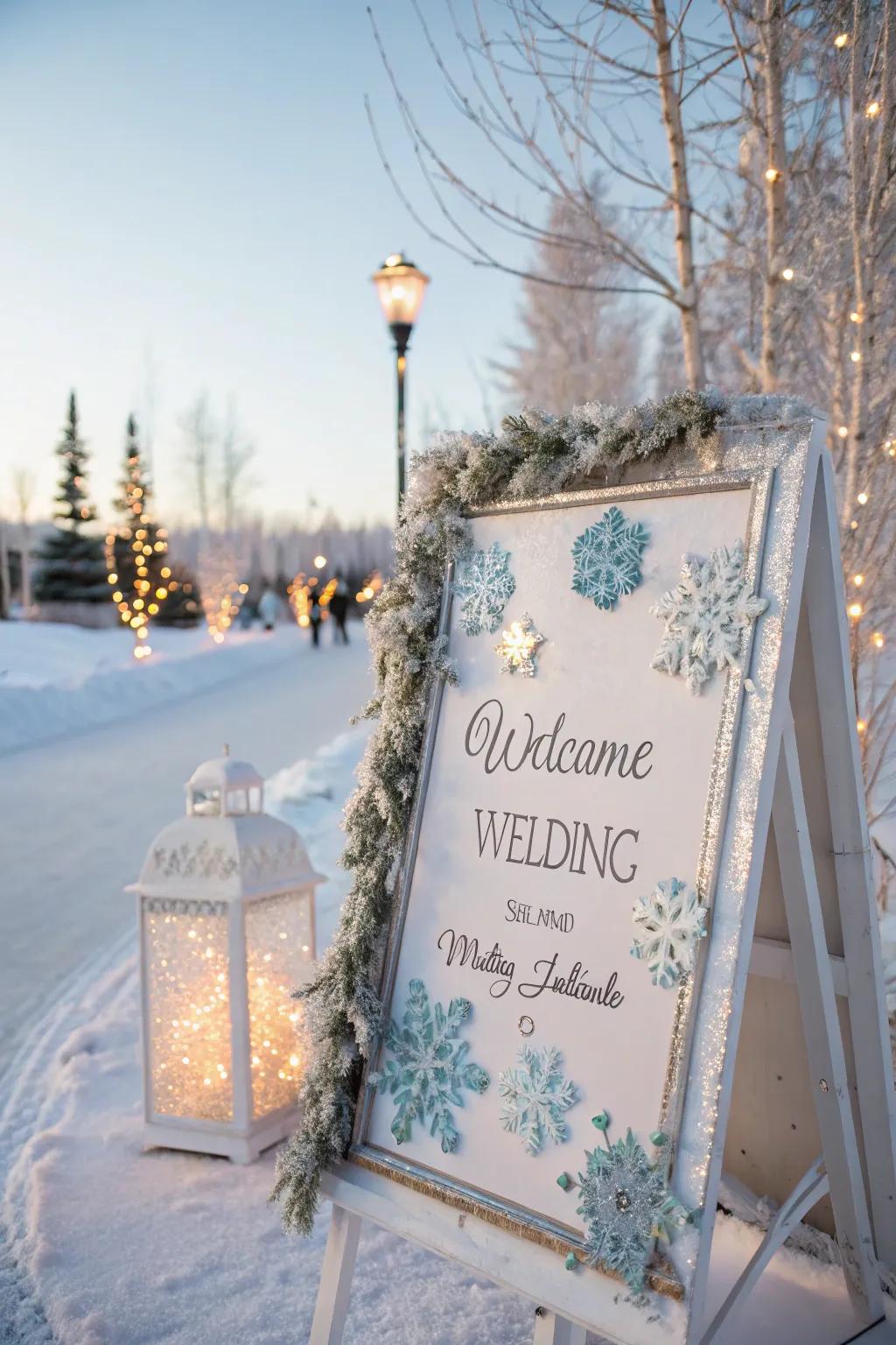 A theme-based welcome board with snowflakes and glitter, ideal for a winter wedding.