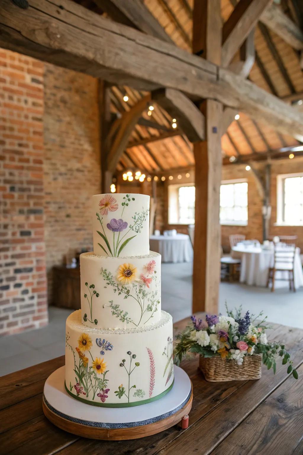 Cake with detailed hand-painted wildflowers.
