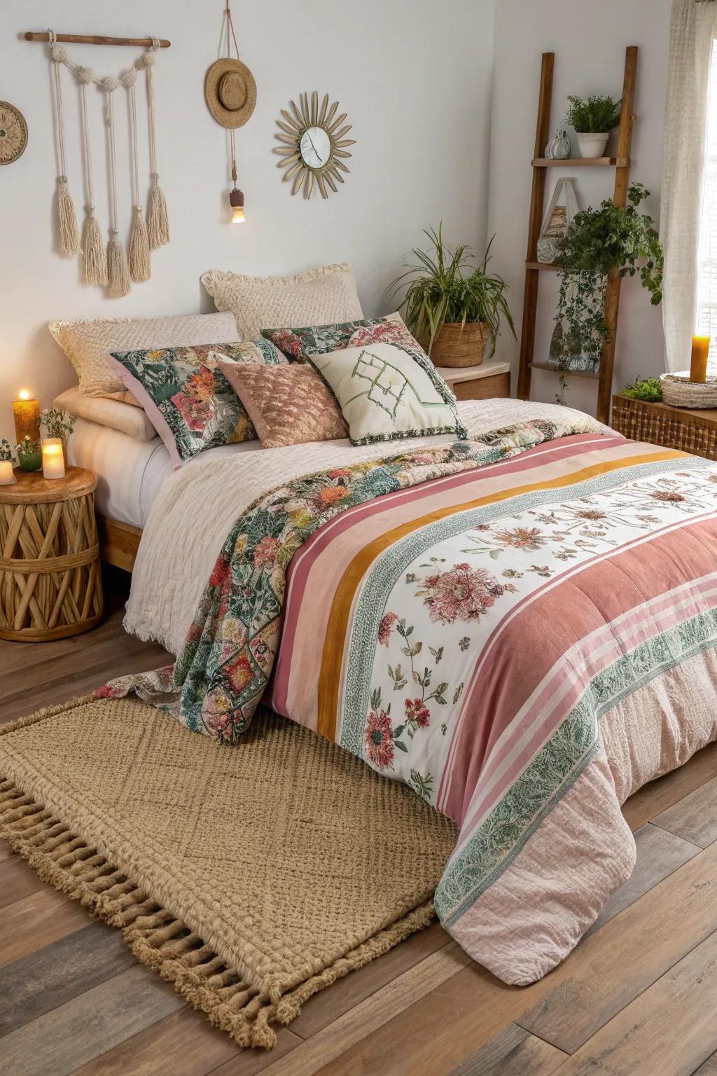 Boho sleeping quarters featuring layered bedding.