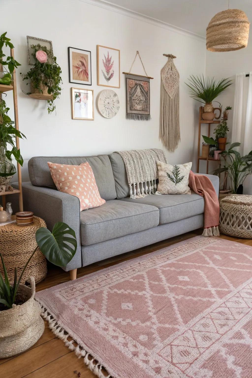 Rosy pink carpets establish a bohemian chic and relaxed sensation.