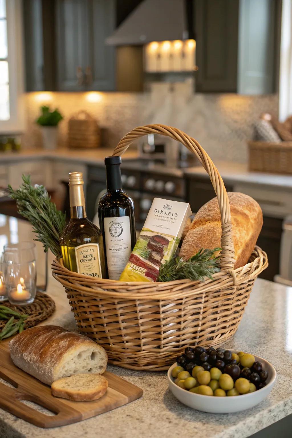 A gourmet basket serves as a both lovely and tasty centerpiece.