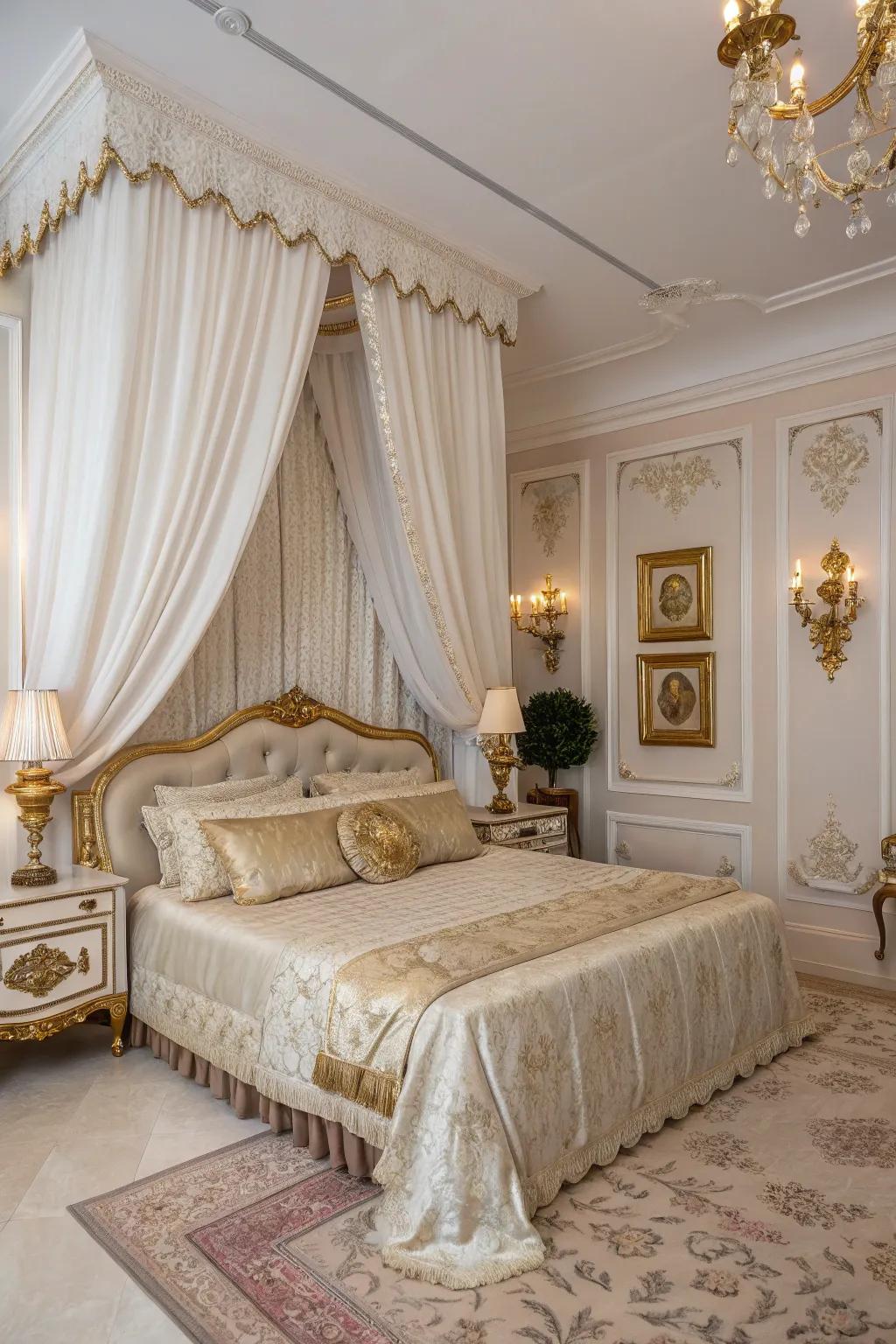 Ivory velvet drapes append a deluxe highlight to this sleeping quarter.