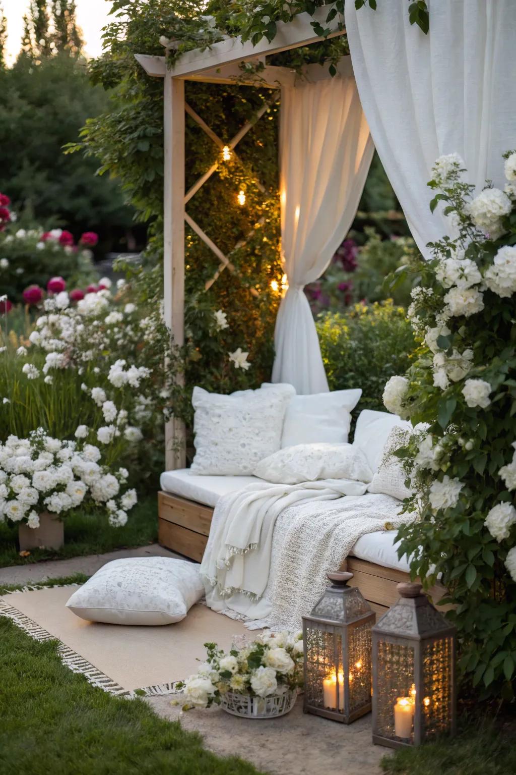 A peaceful garden nook with pale decor encourages relaxation.