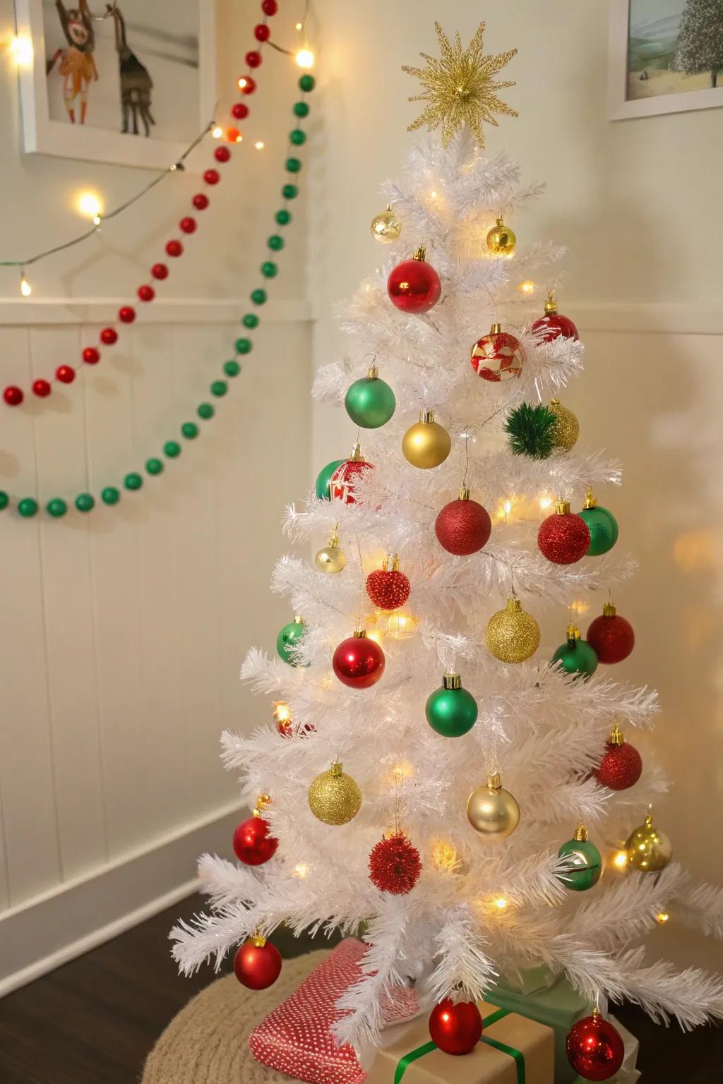 A festive fiesta-themed white pencil tree using bright and colorful decorations.