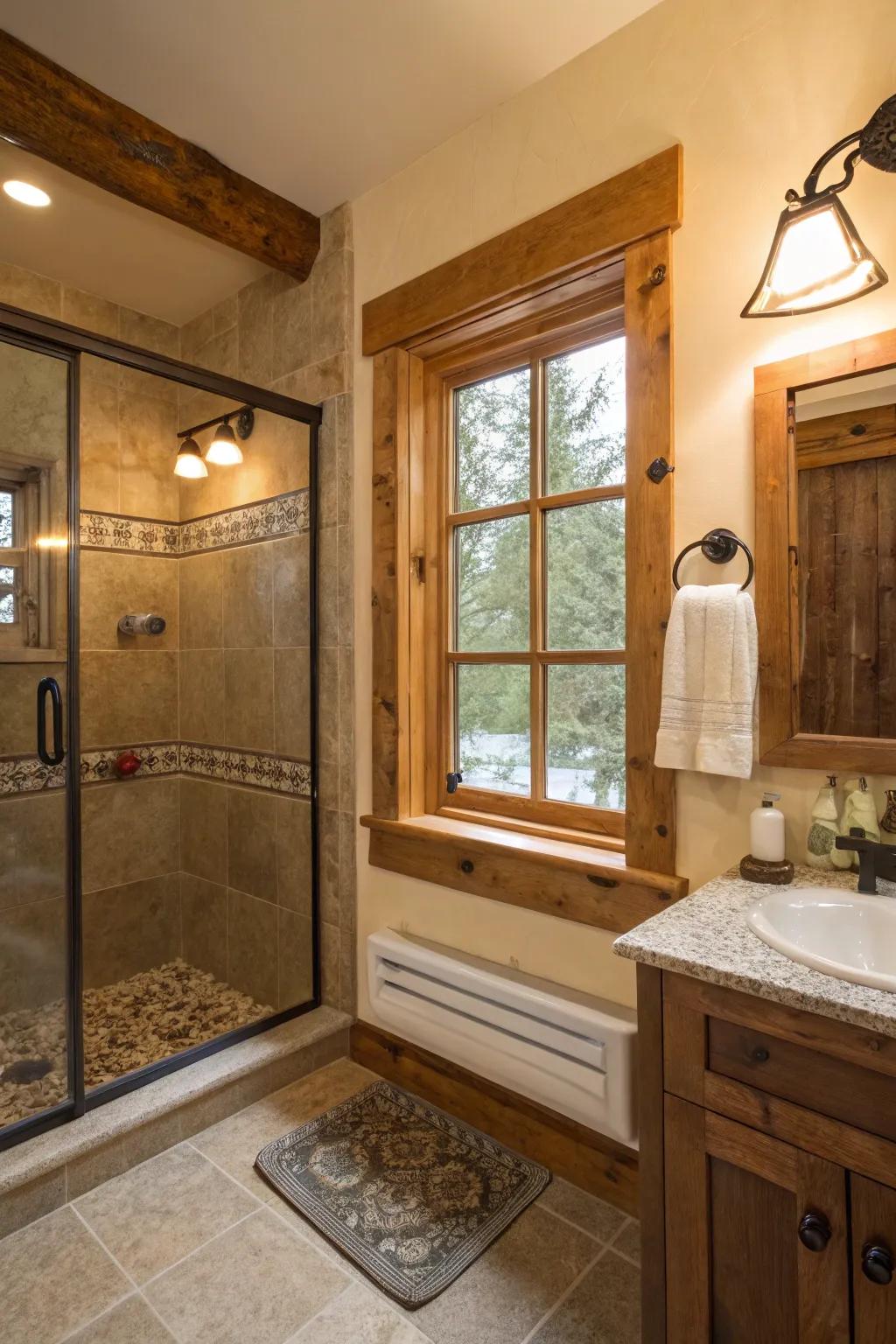 The timber-framed window infuses a sense of rustic magnetism into the shower space.