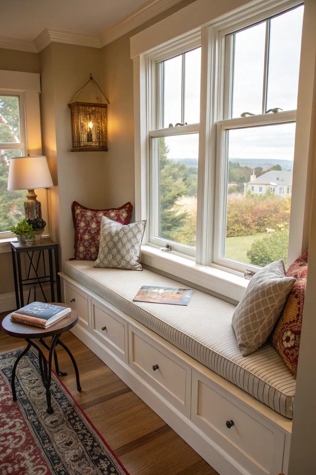 A window seat is coupled with a low bench for a social area.