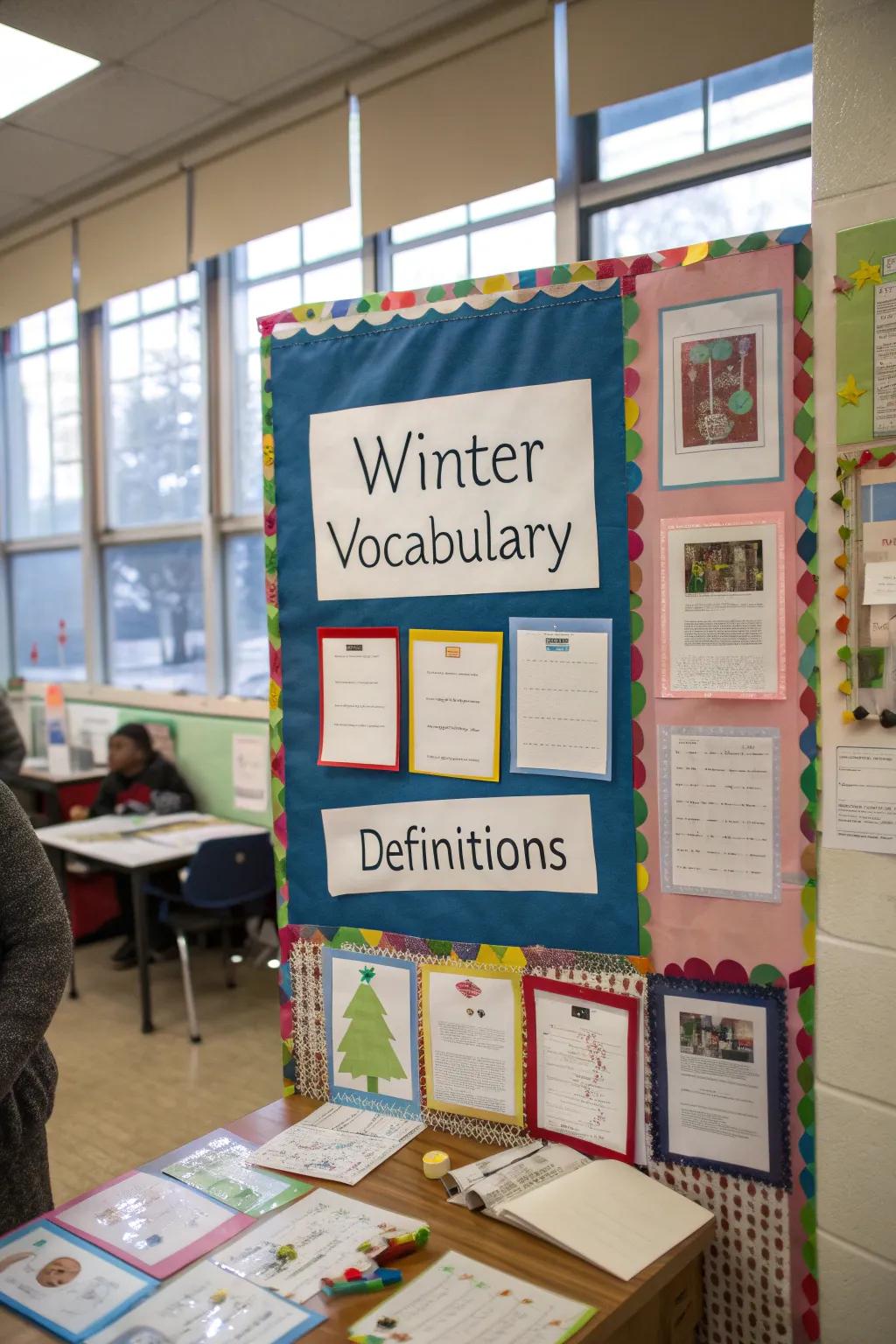 A language corner enriches the bulletin board with winter-themed learning.
