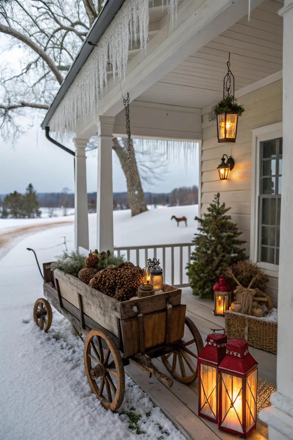 A vintage wagon imparts charm and character to this winter porch.