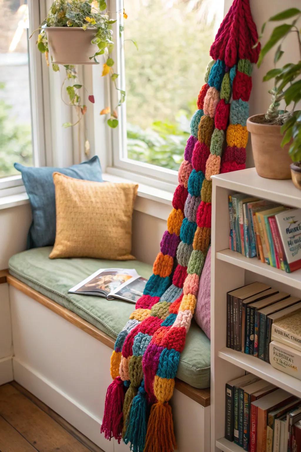 Wool yarns contribute warmth and texture to winter garlands.