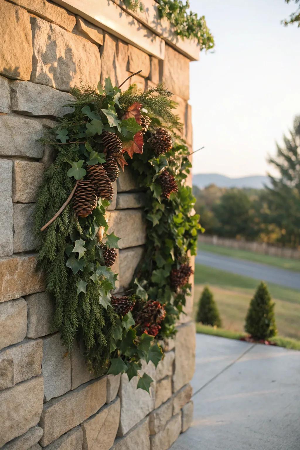 Grapevine and pinecones craft a rustic yet elegant wreath.