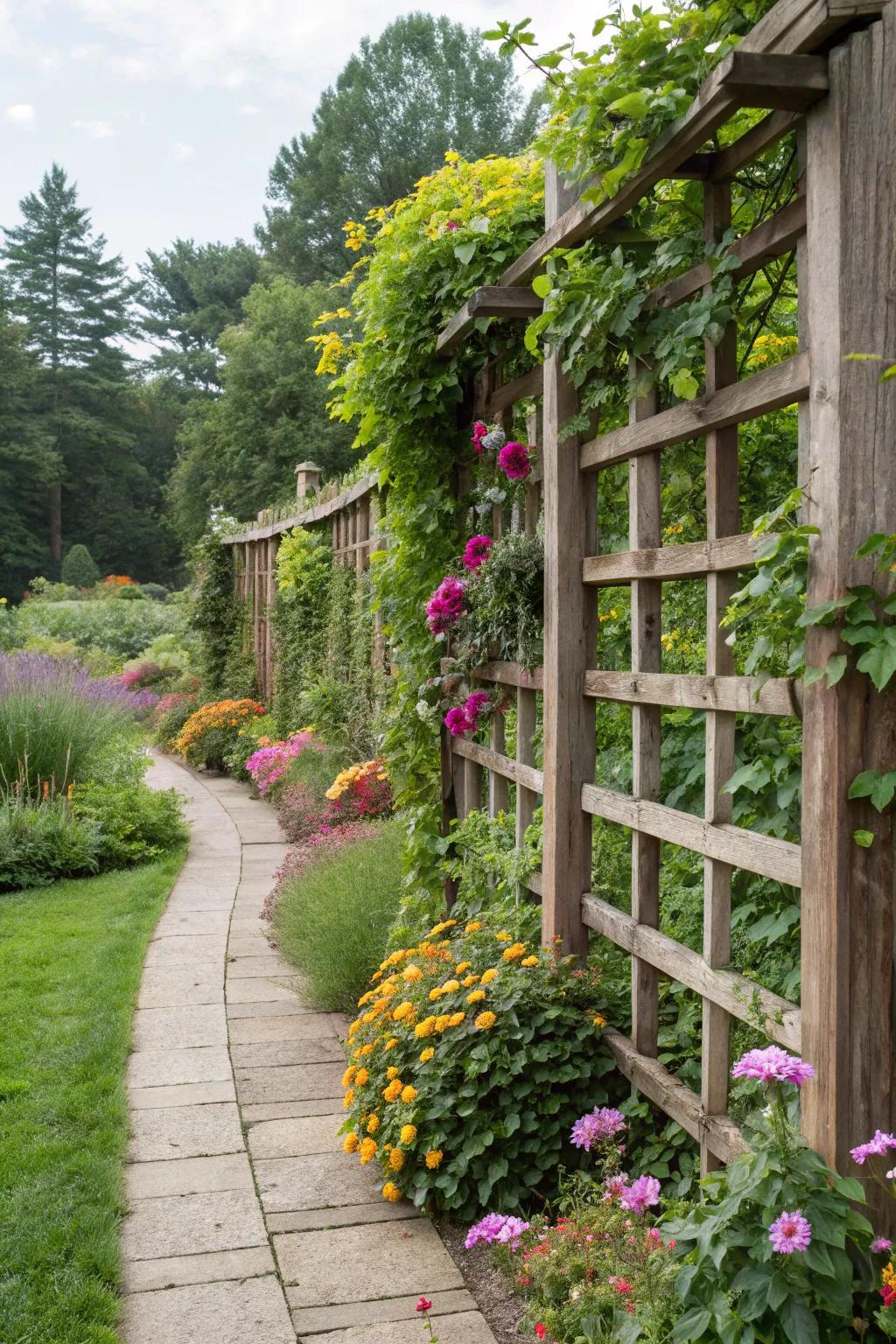 The integration of trellises and fences results in a harmonious combination of structure and natural beauty.