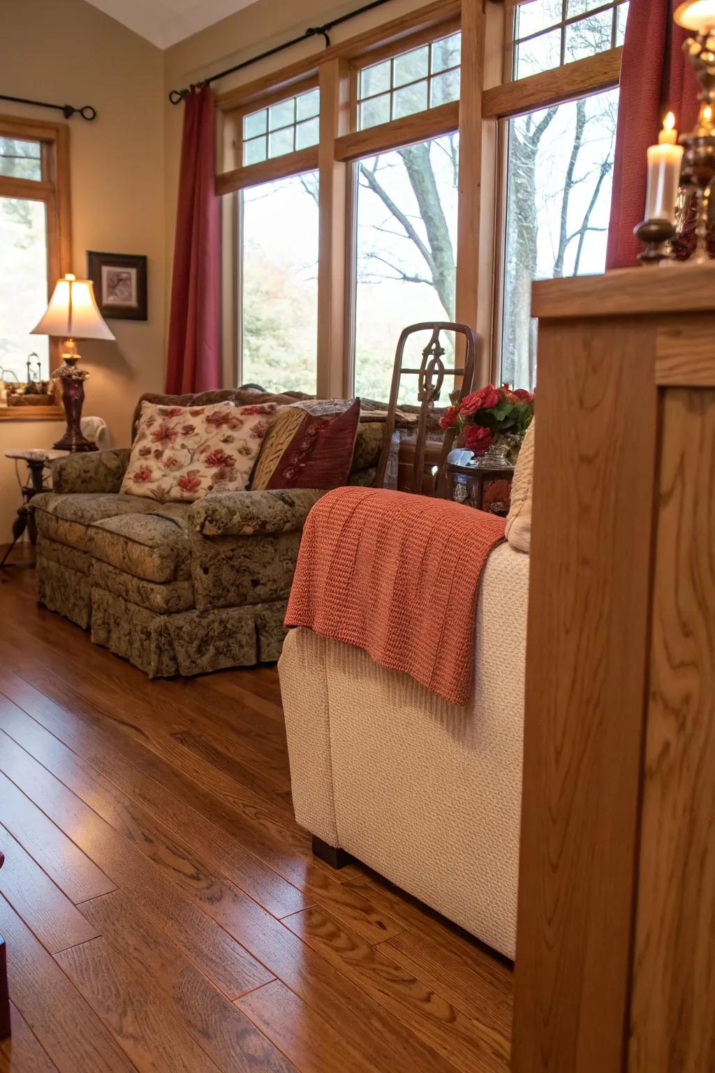 Welcoming living space featuring warm red oak flooring.