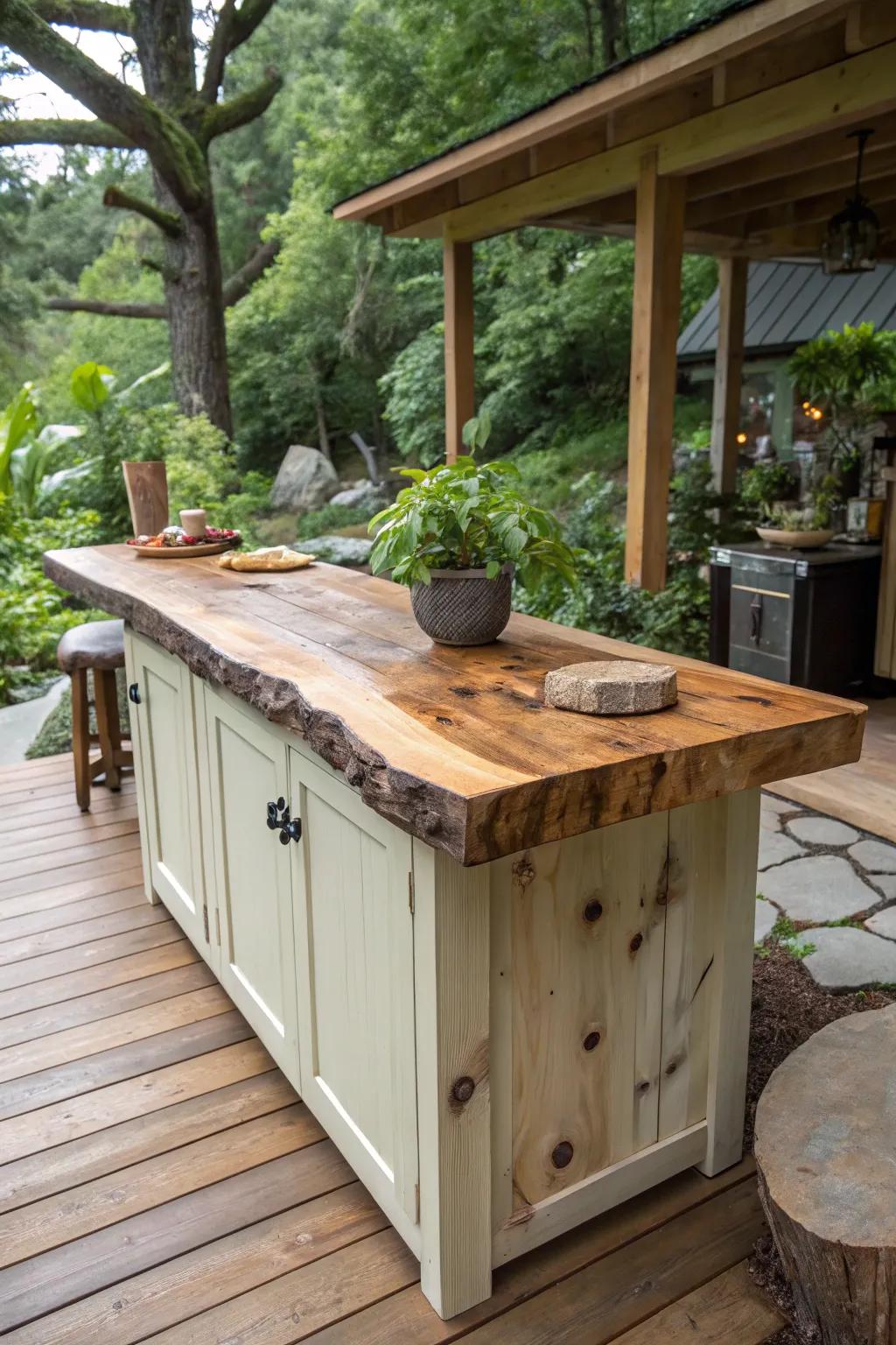 A live edge surface brings natural beauty into the cooking area.