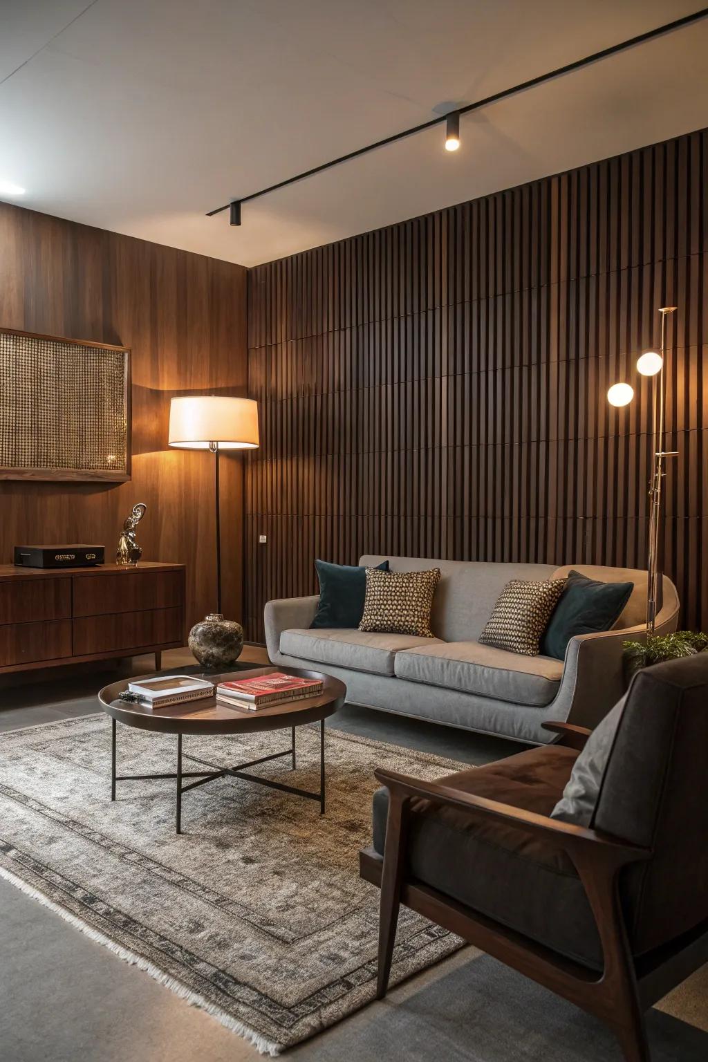 Concoct an urbane atmosphere through mid-century modern timber strips.