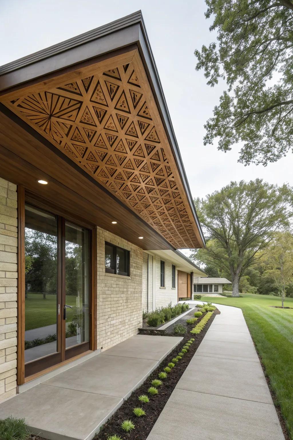 Abstract carvings in wood soffits add artistic flair.