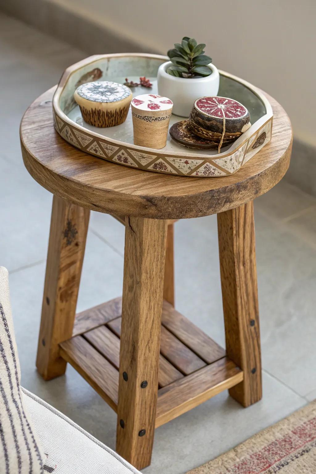 A functional side table crafted from a versatile wooden stool.