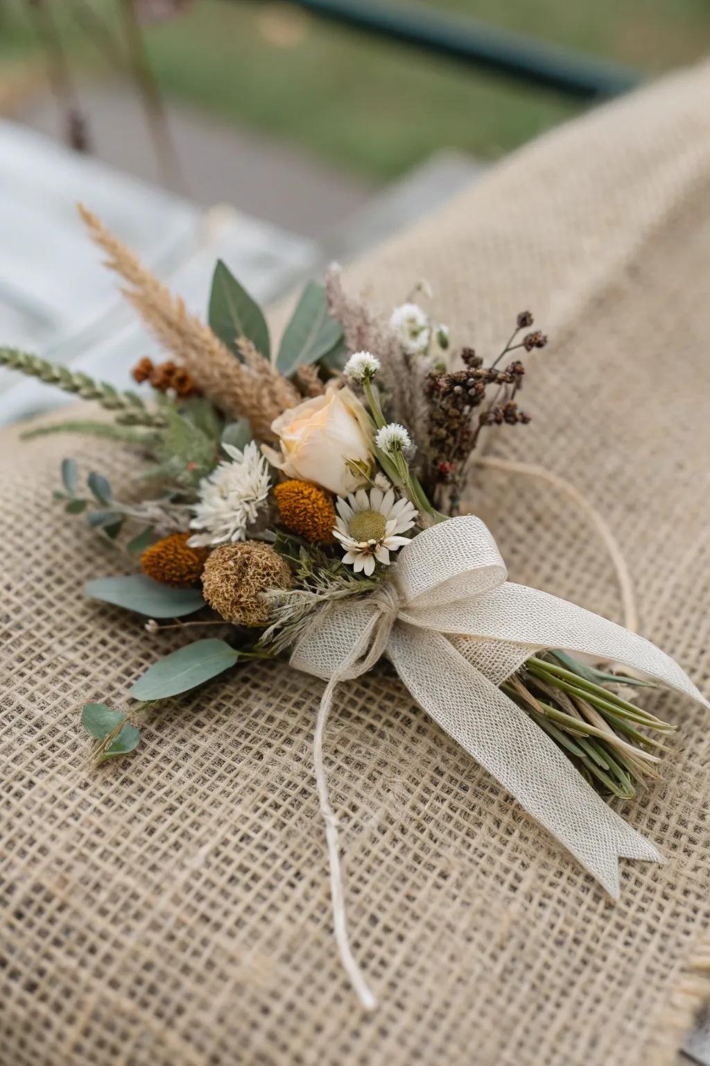 Relaxed bohemian wrist adornment featuring preserved flowers.