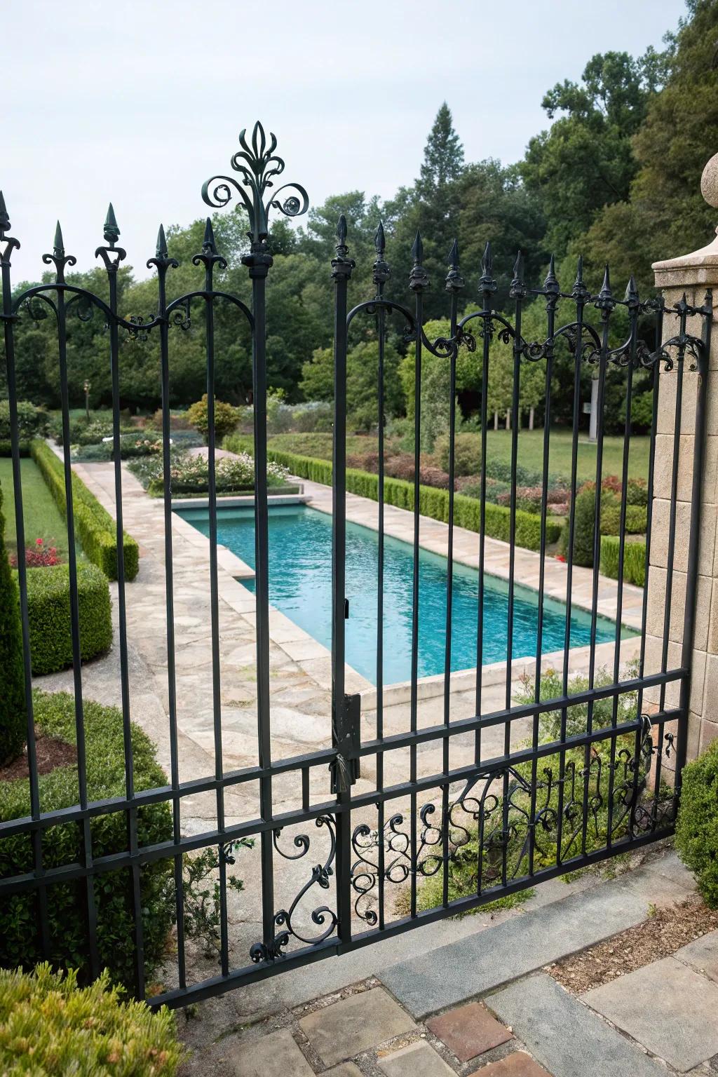 Extensive gaps within the fashioned iron barricade sustain open vistas of the pool.