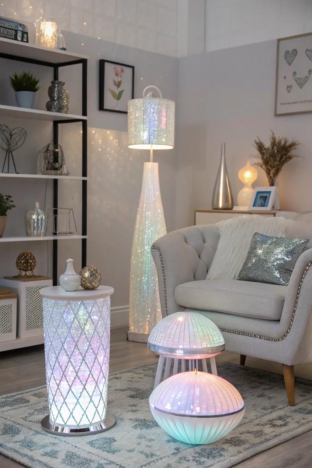 Shimmering accents add a futuristic flair to your room.