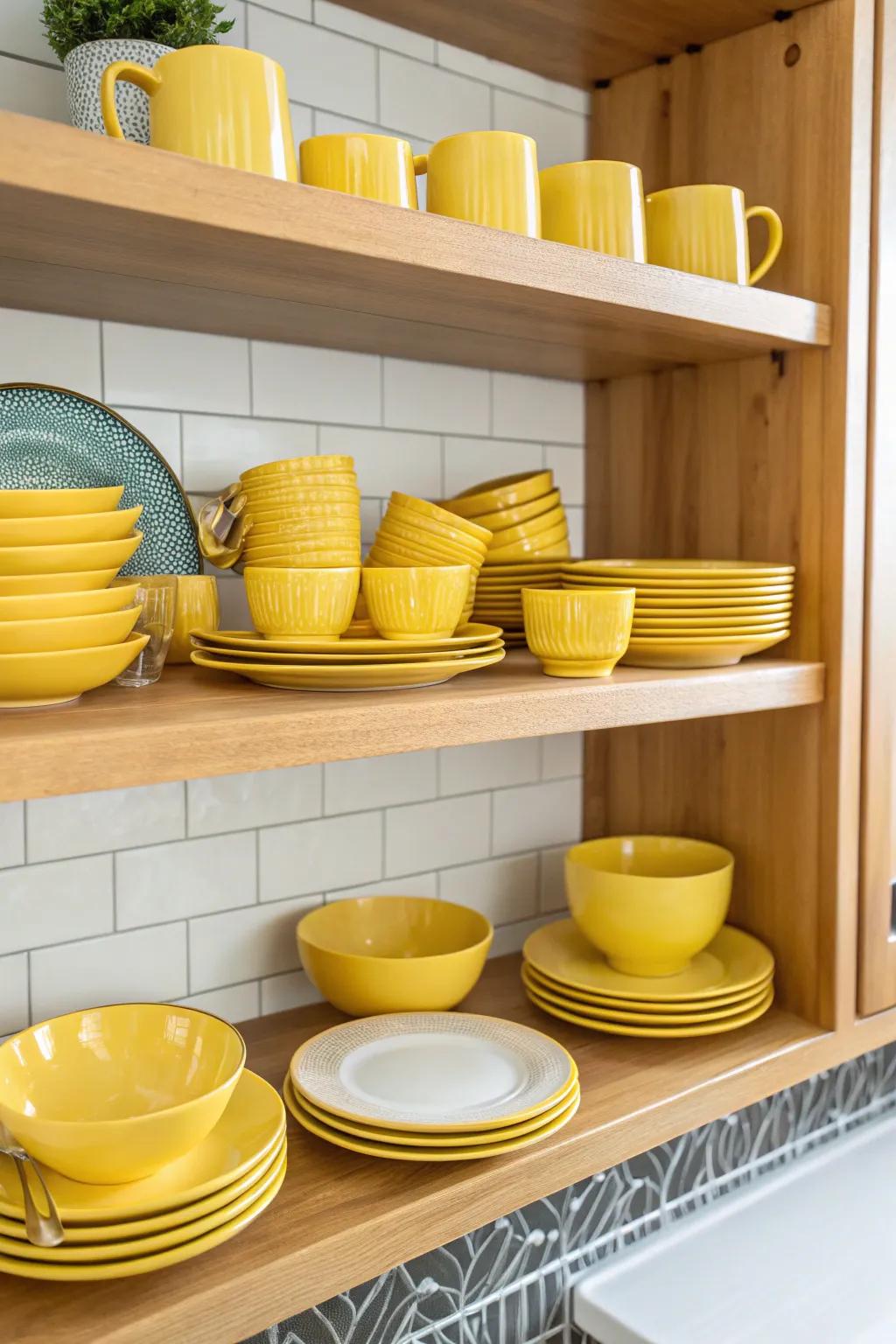 Yellow tableware on presentation injects color and allure into the cooking area.