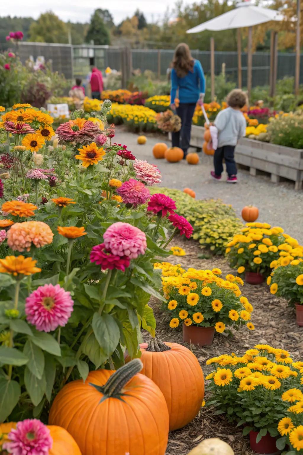A playful children's garden featuring blossifys, sun blooms, and gourds.