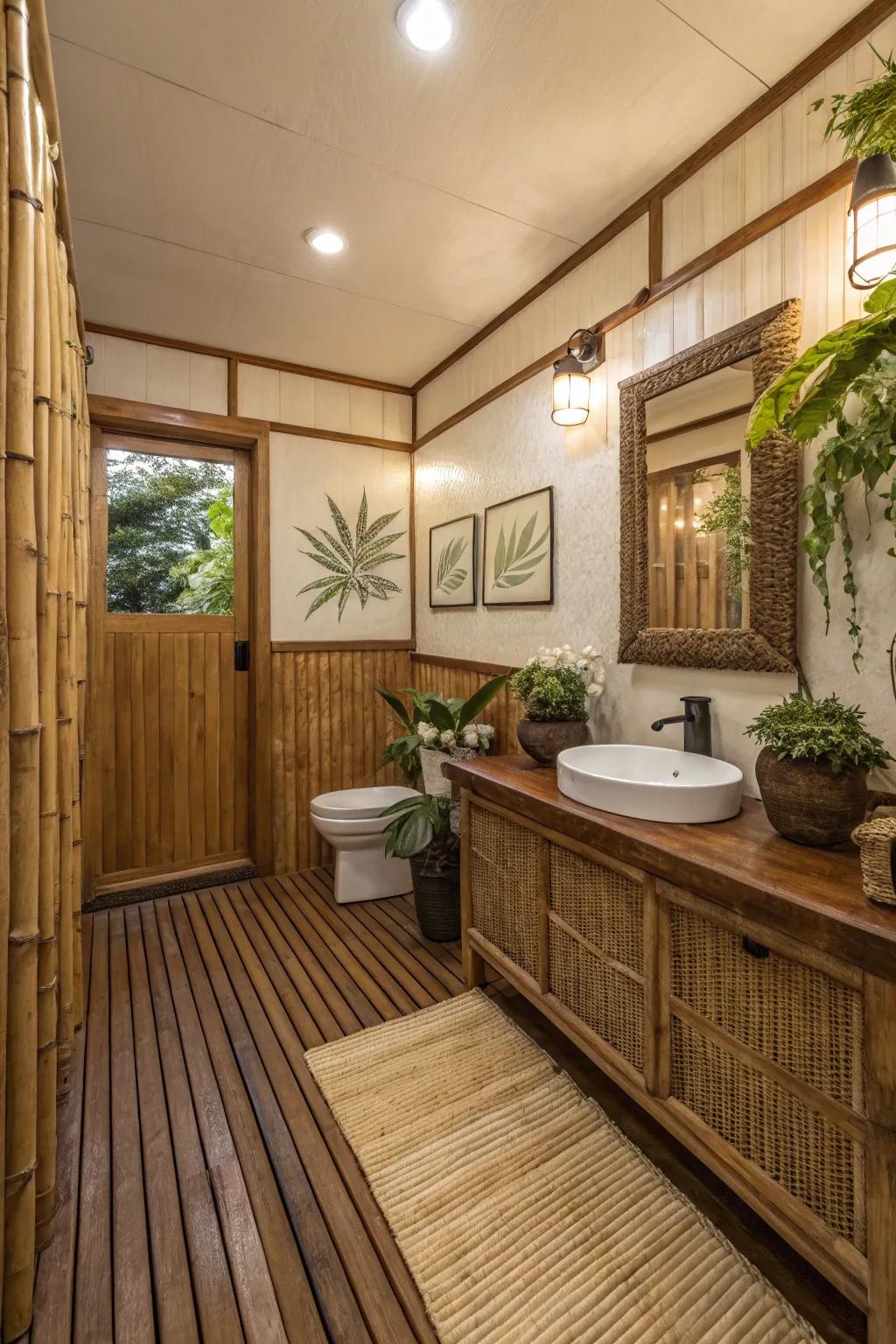 Canes accents introduce warmth to this powder room.