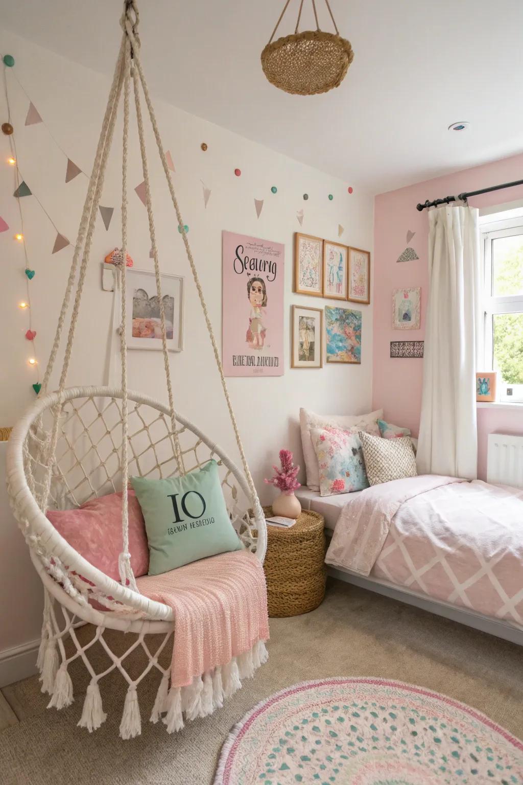 A sway perch adds fun and a whimsical touch to the bedroom.
