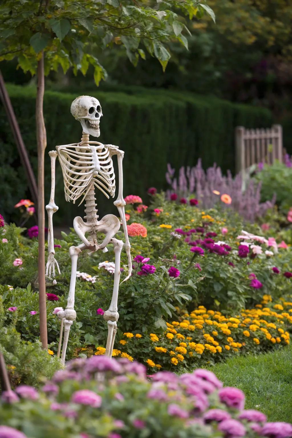 A skeleton in a blooming garden delivers a unique visual twist.