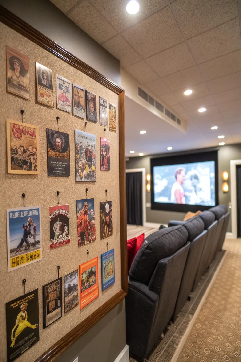 Classic 80s film advertisements on a bulletin board in a home theater.