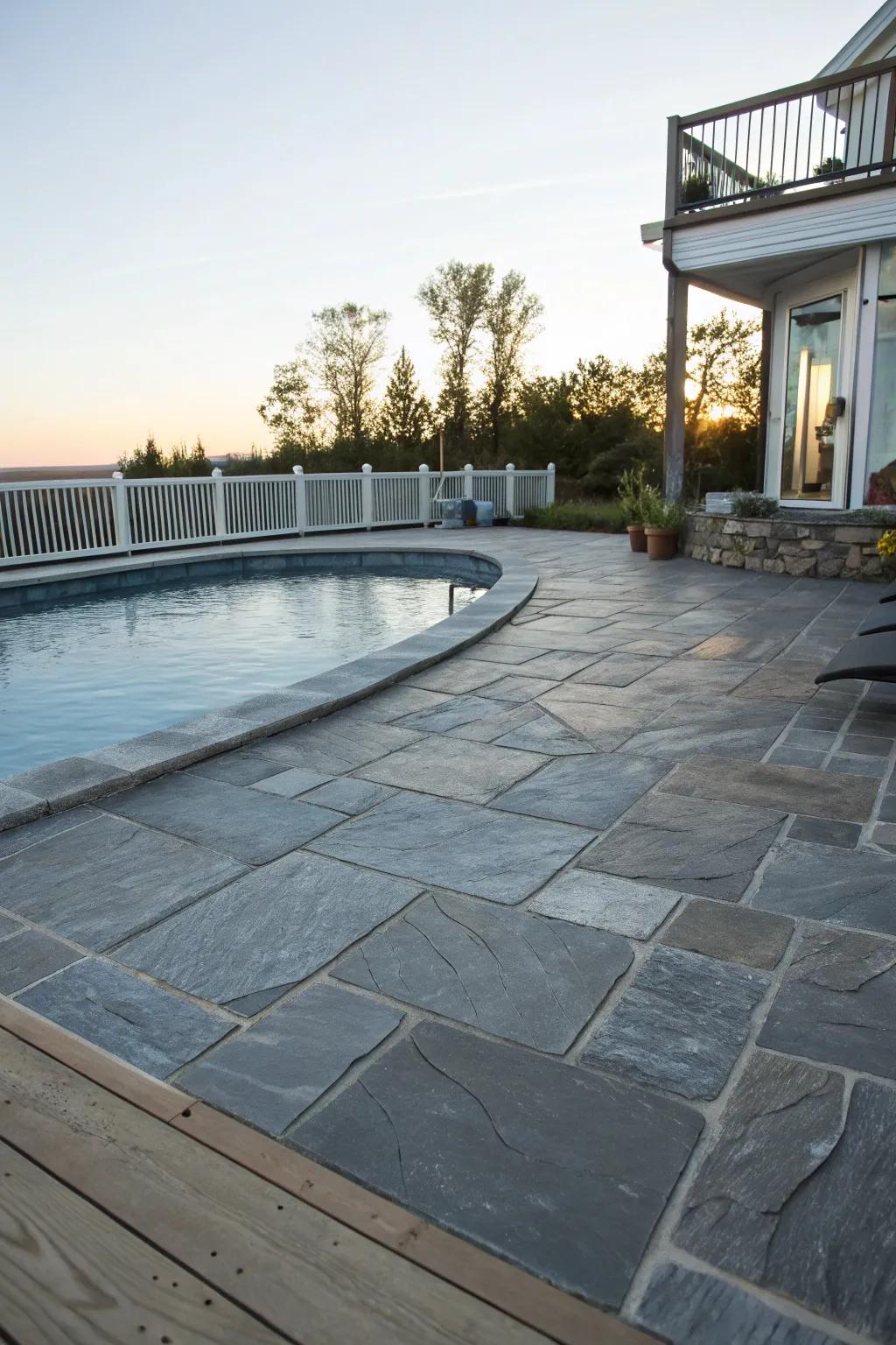 Stone layers provide refinement and durability for pool decks.