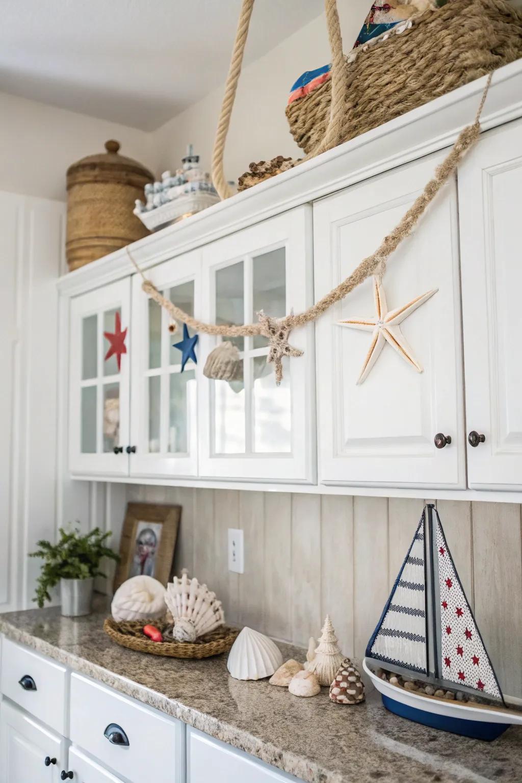 Fashion a coherent impression via styled ornamentation above your cabinets.