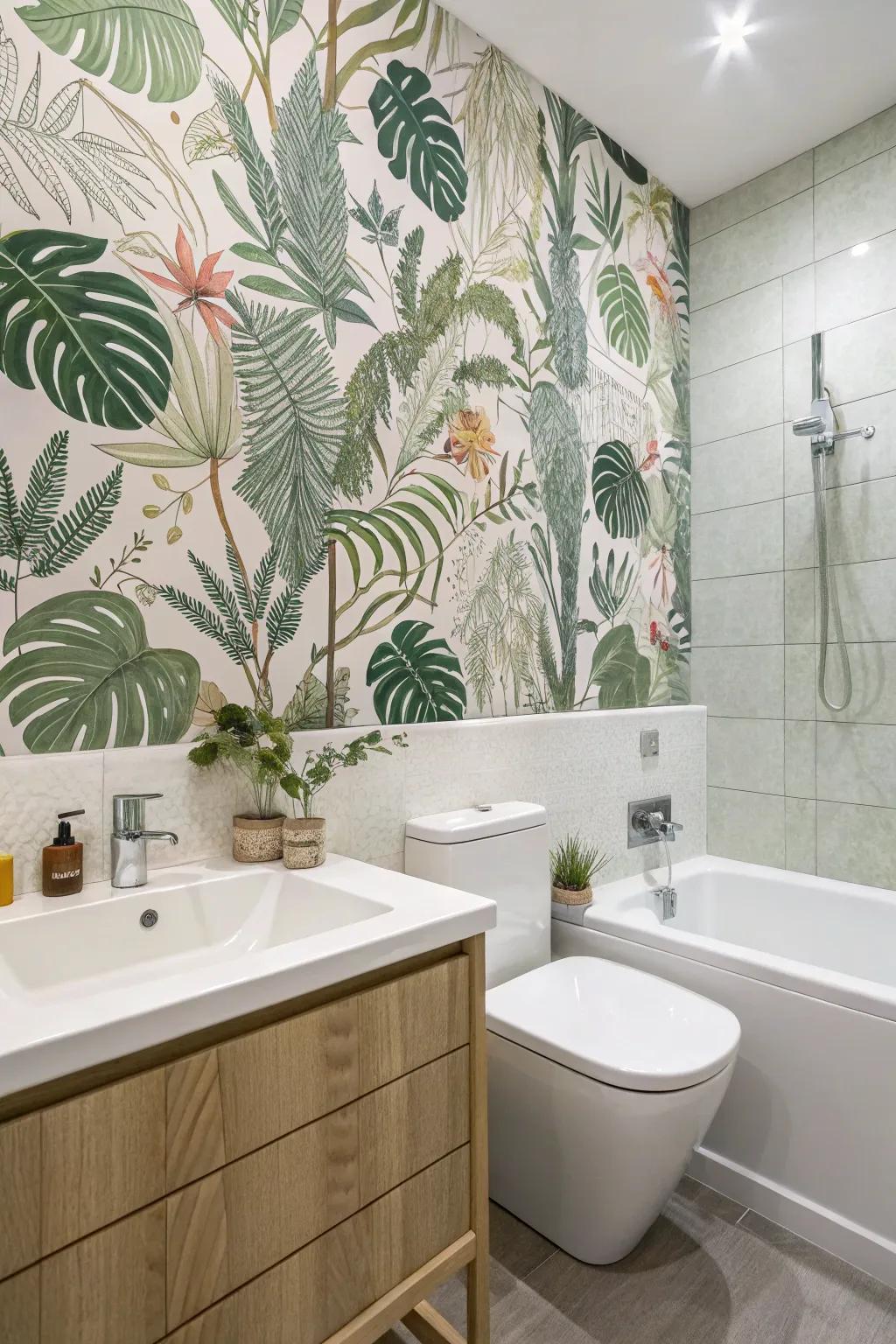 Plant-themed wallpaper brings a revitalizing, outdoor atmosphere indoors.