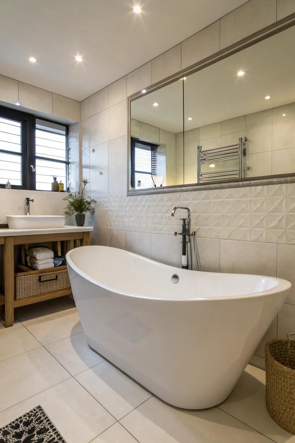 A uniquely shaped tub is capable of serving as a stunning centerpiece.