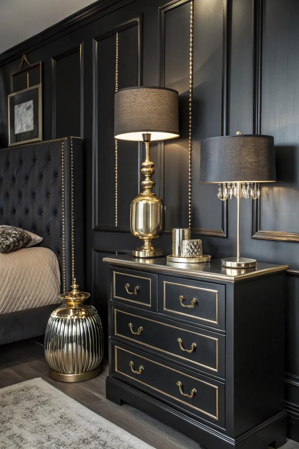 A dark-themed boudoir featuring metallic highlights inside ornamentation and fixtures.
