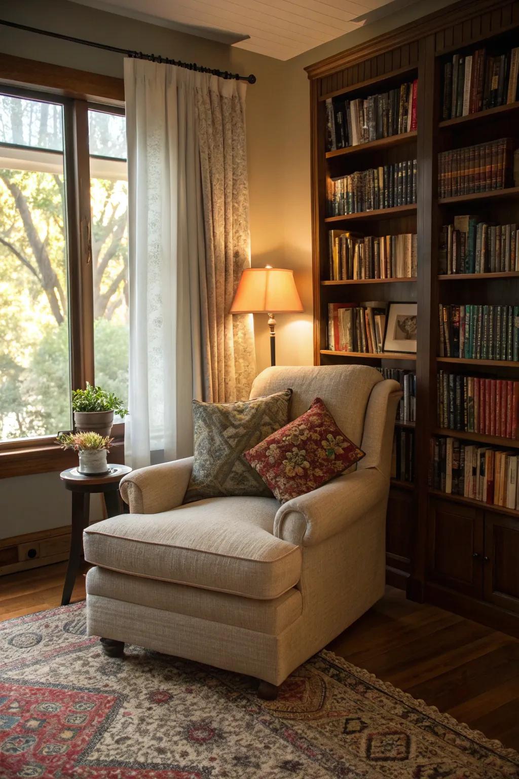 A cozy reading nook within the living room.